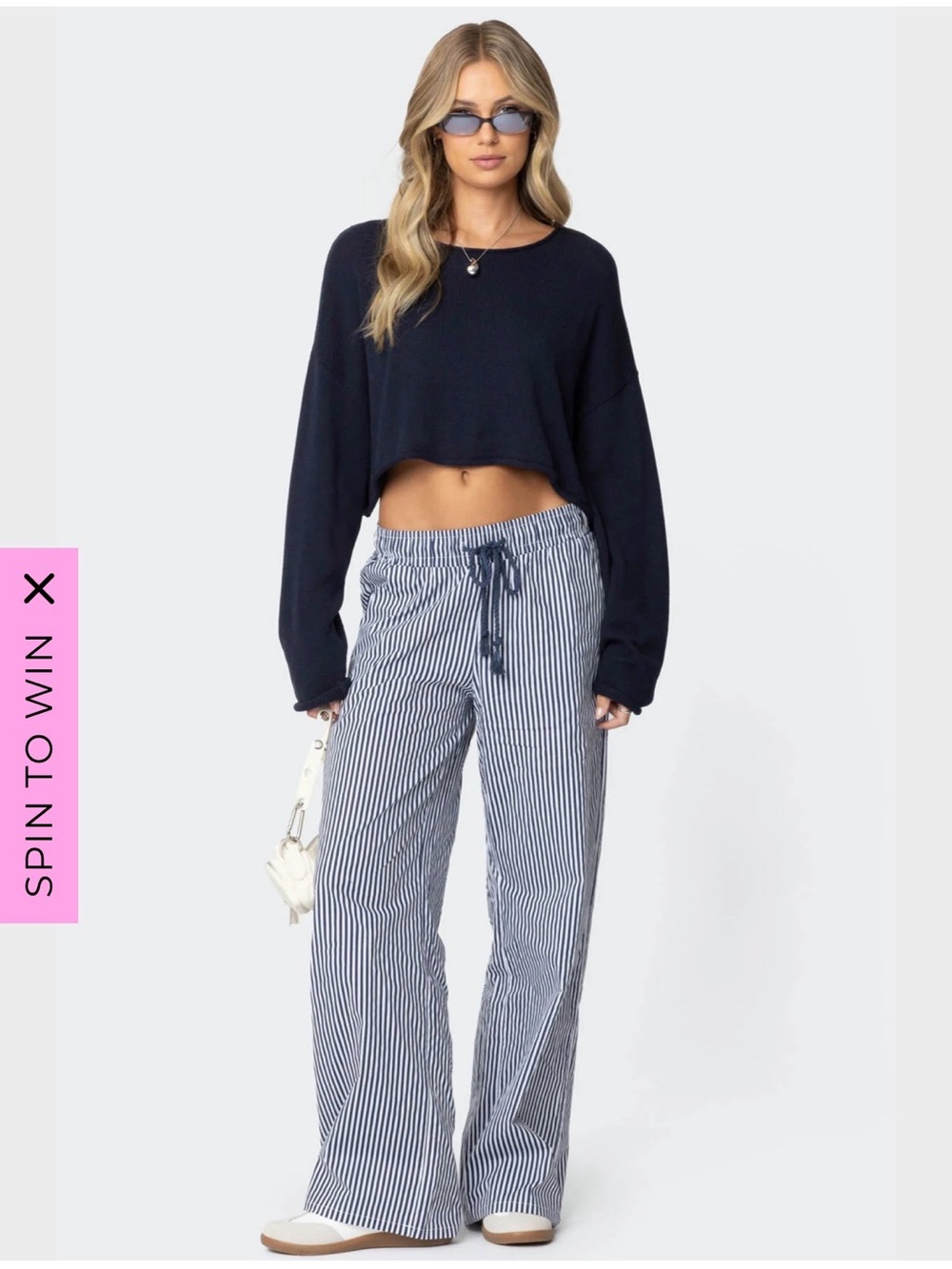 Edikted Navy & White Striped Wide-Leg Drawstring Pants XS